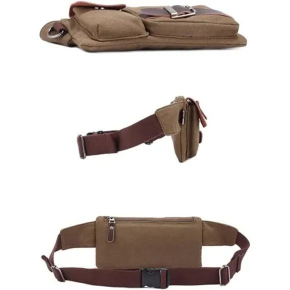 Men's Waist Bag Sports Coffee Canvas Belt Bag - Picture 2 of 8